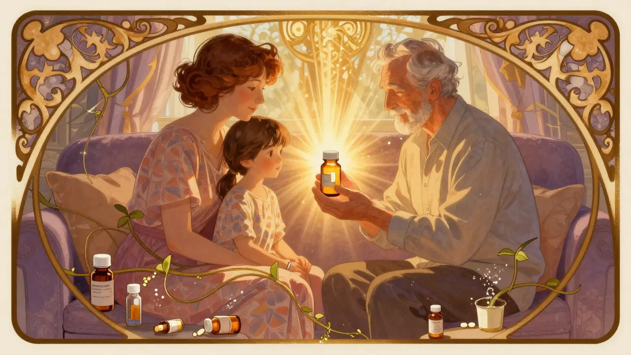 Family holding one pill bottle as other medications fade into dust.