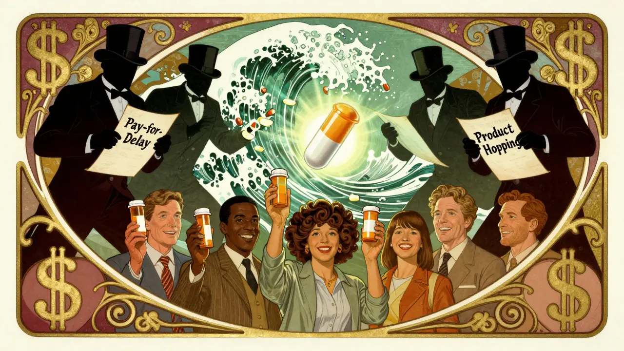 Heroic battle between generic drugs and corporate barriers in ornate Art Nouveau style