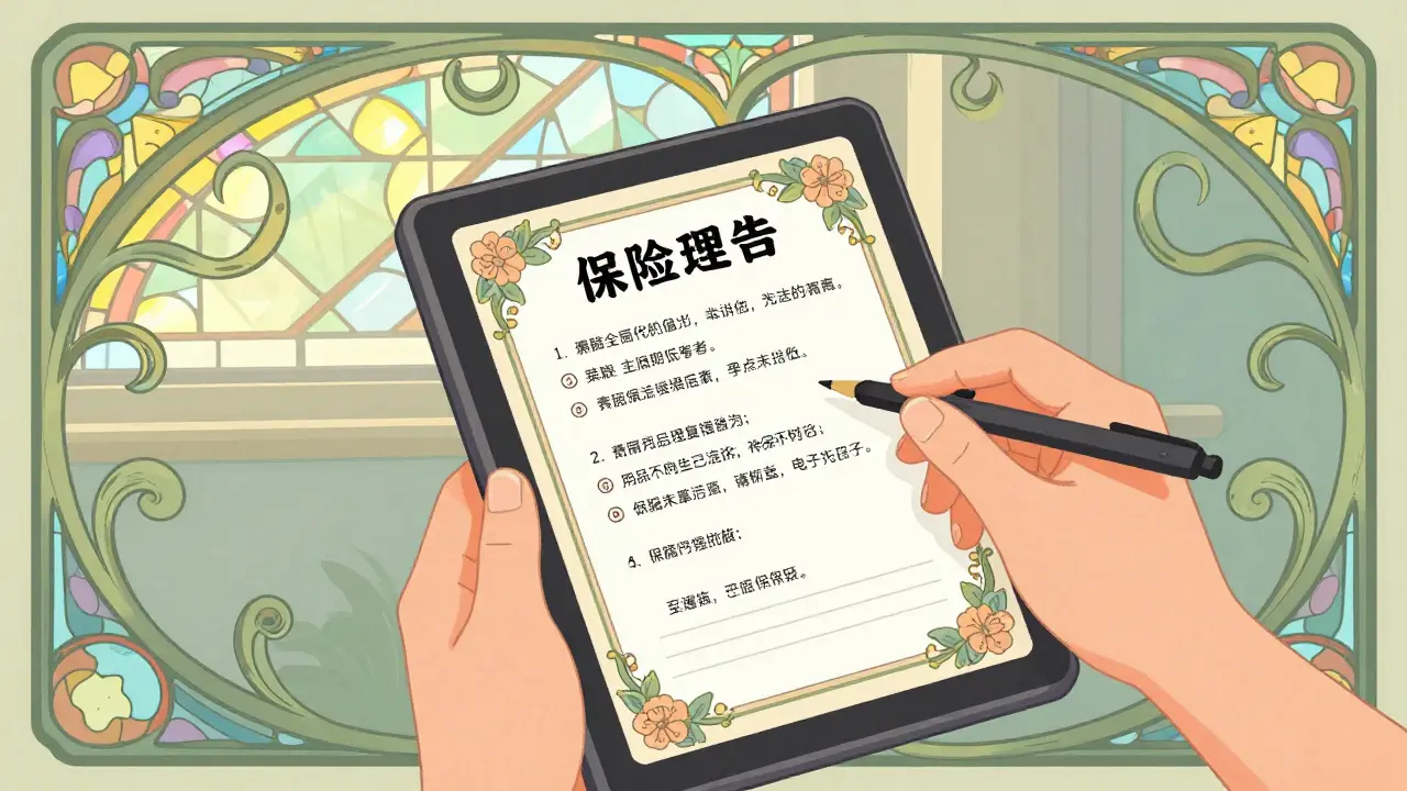 Person reviewing insurance formulary on decorative tablet with vine motifs.