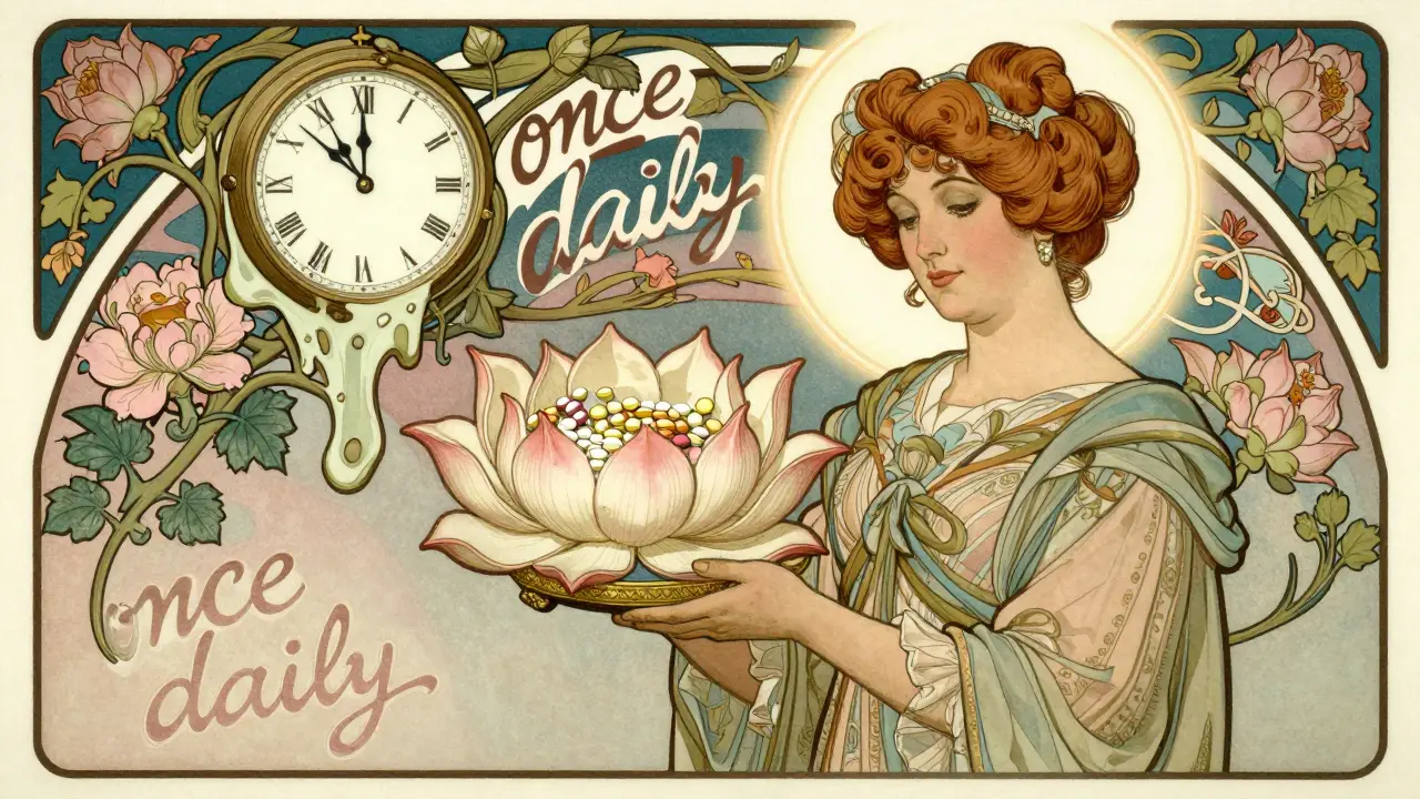 Pharmacist holding a lotus-shaped pillbox with medications merged into one.