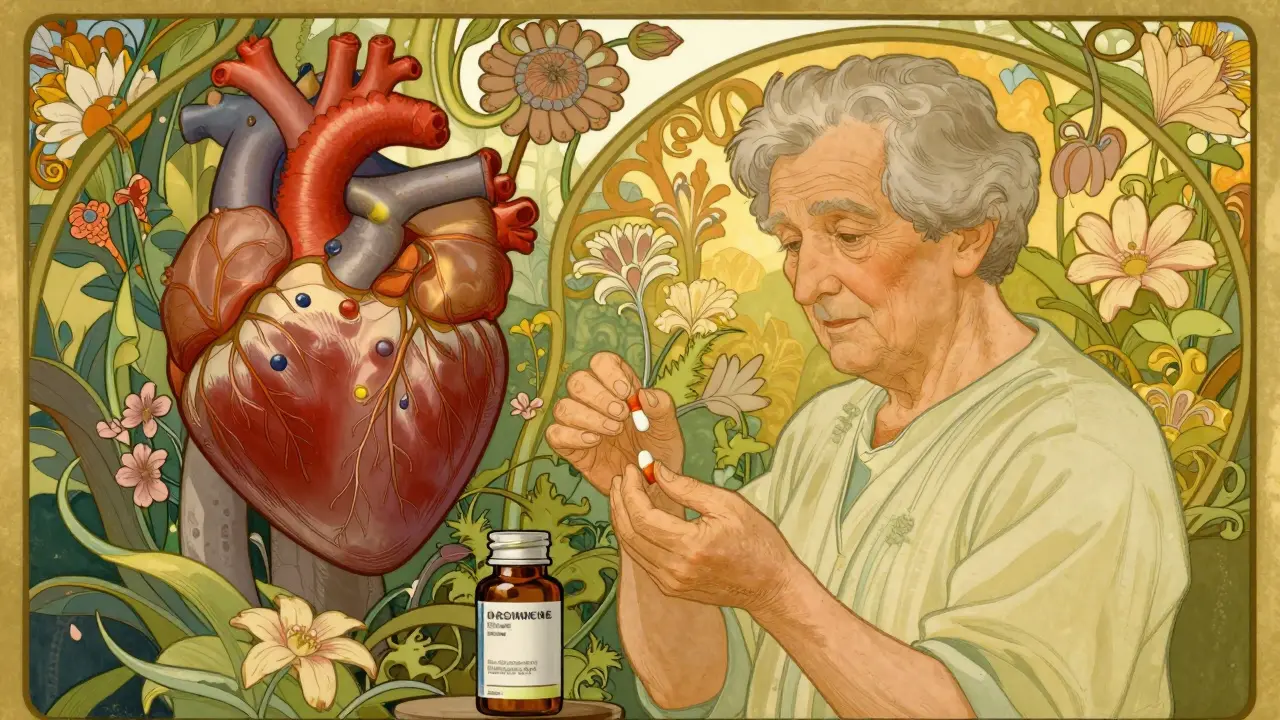 Senior taking statin in vibrant garden with healthy heart-shaped flora