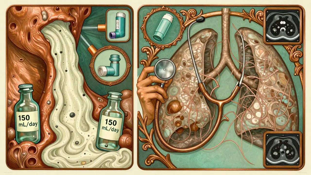 Split illustration of clogged airways and destroyed alveoli, connected by a stethoscope vine, with medical icons in Art Nouveau design.