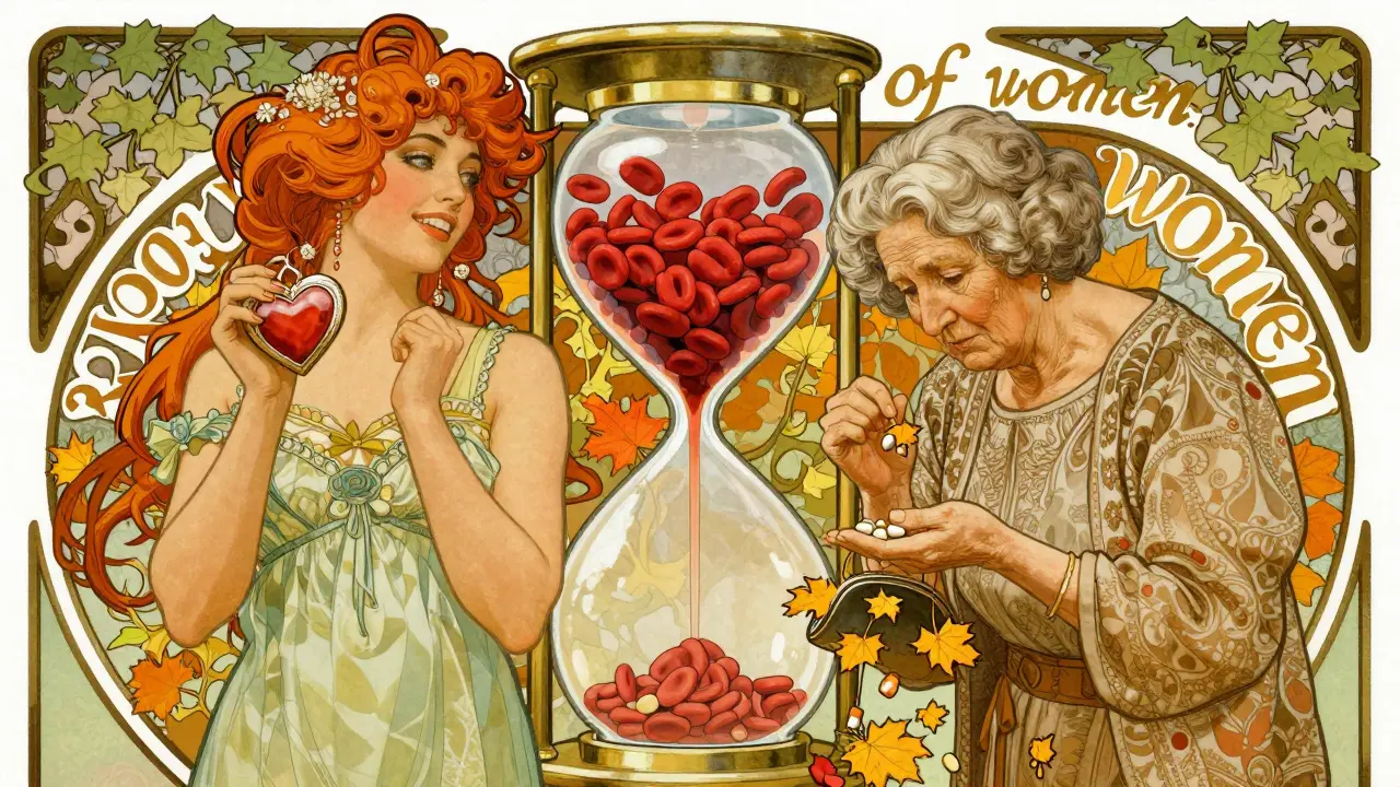 Two women, young and old, contrasted with statin pills falling like leaves, surrounded by medical symbols.