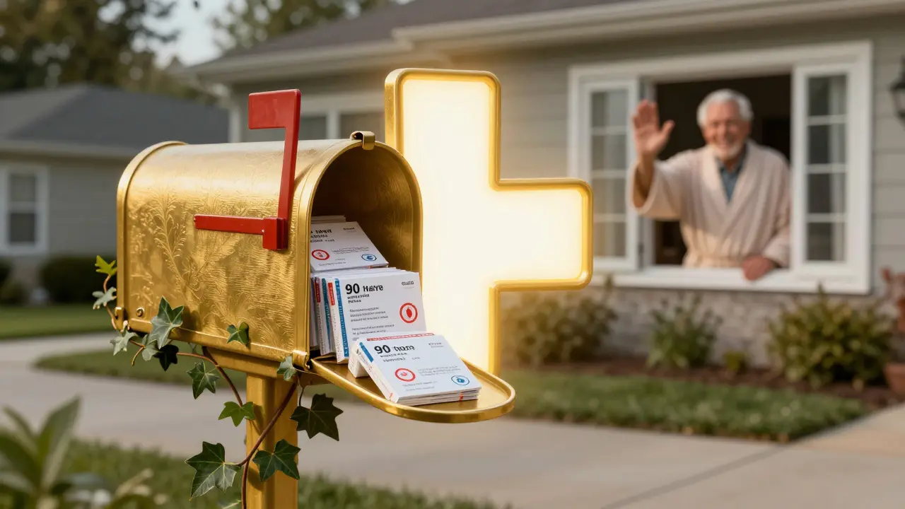 A golden medical-cross mailbox overflows with 90-day prescription bundles under ornate floral vines in a suburban setting.