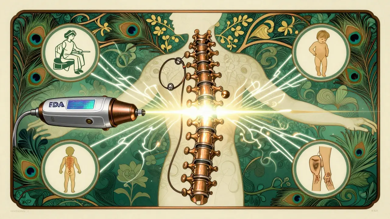 A hovering TENS device emits floral electric bursts along a spine, with icons of medical conditions in ornate Art Nouveau design.