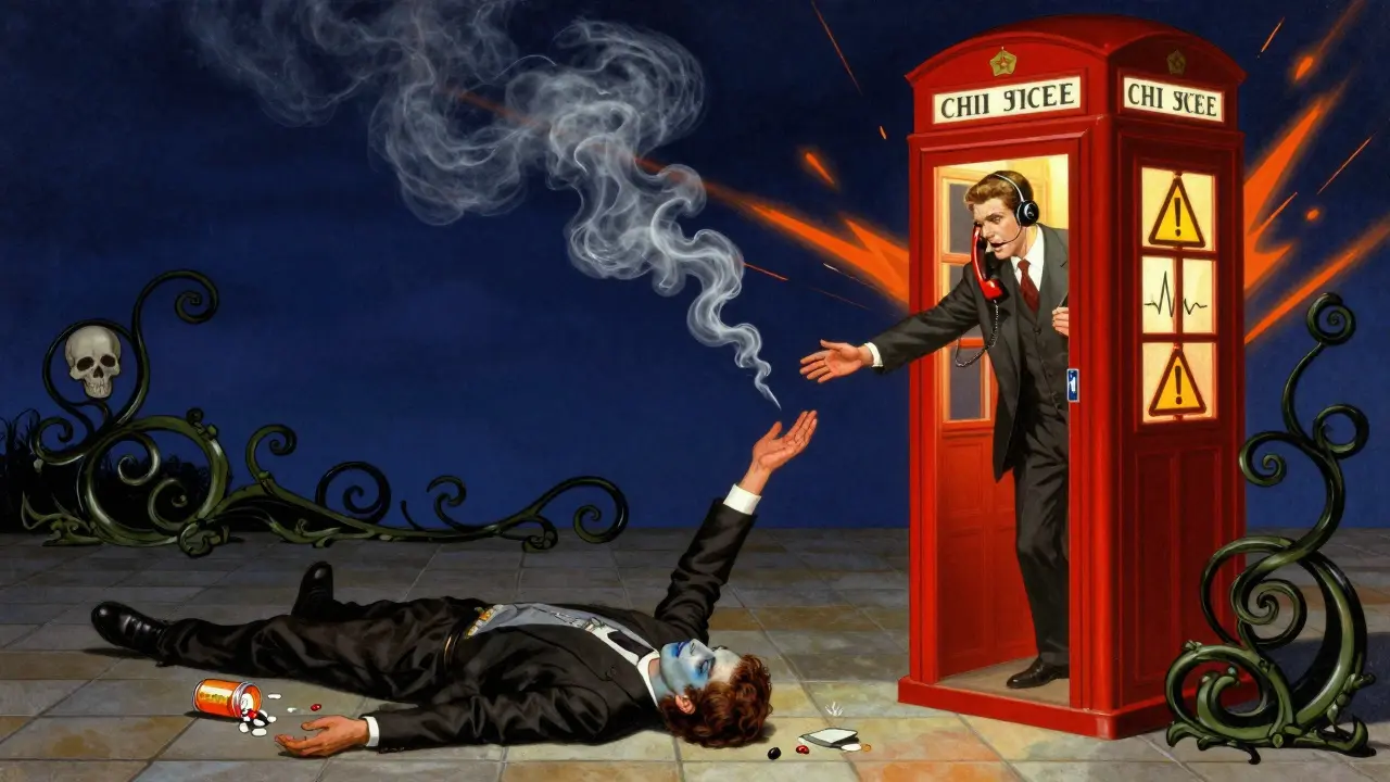 A man collapses as emergency symbols swirl around him, signaling an urgent need to call 911.