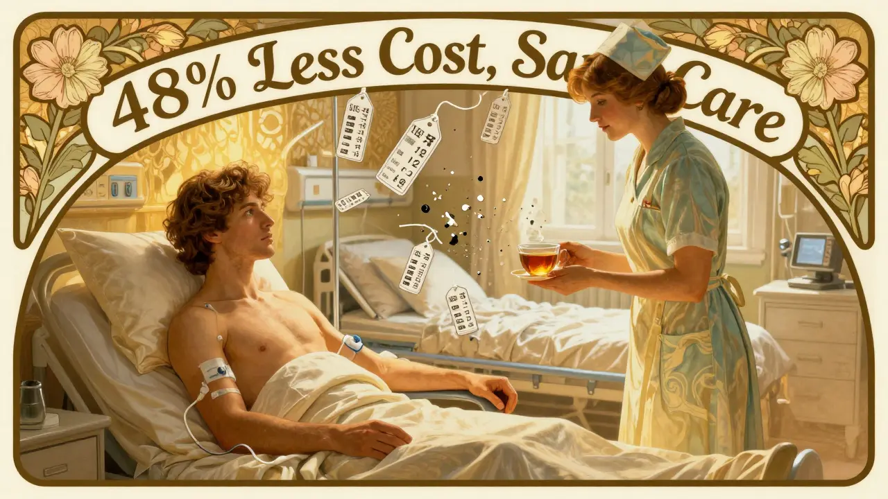A patient receiving home infusion with a nurse, while hospital costs fade away, in Art Nouveau poster style.