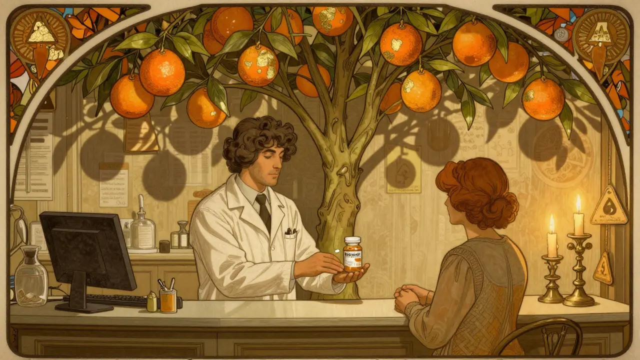 A pharmacist handing medication as a citrus tree grows behind, casting warning-shaped shadows in Art Nouveau style.