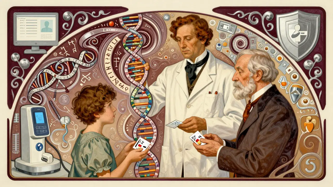 A pharmacist oversees AI and DNA algorithms as a young patient and senior receive personalized medication.