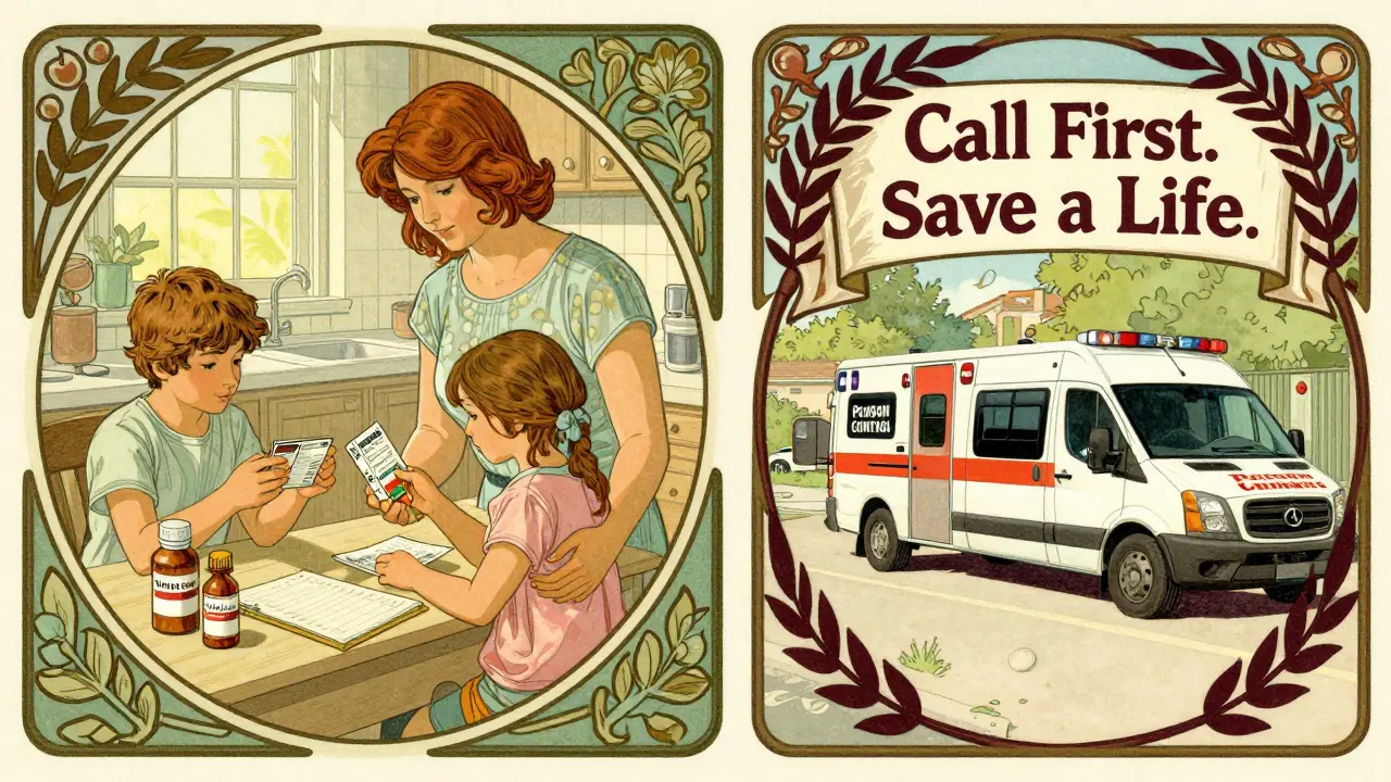 A split scene shows prepared families and emergency services, symbolizing the right choice in overdose situations.