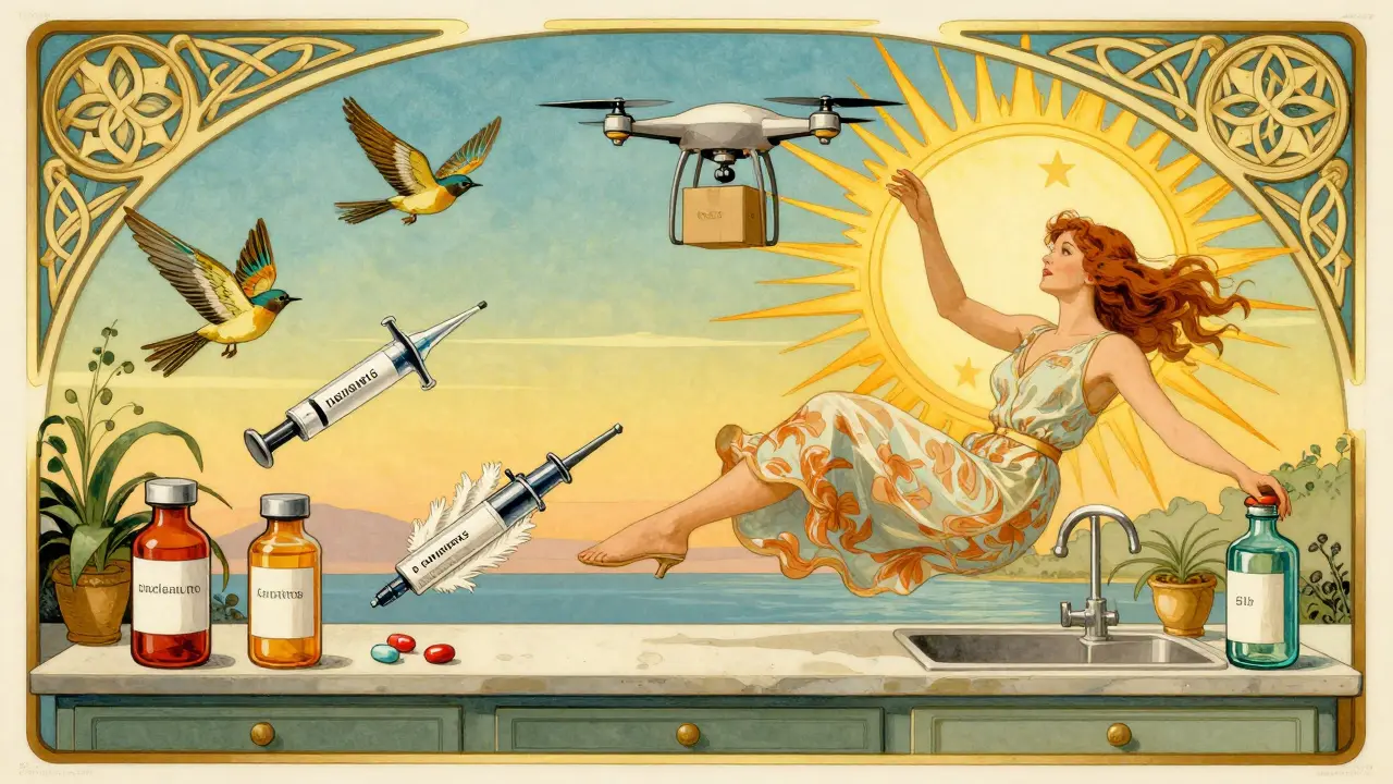A woman floats above her counter as pill bottles transform into birds, flying toward a drone delivering medicine under a sunburst of medical symbols.