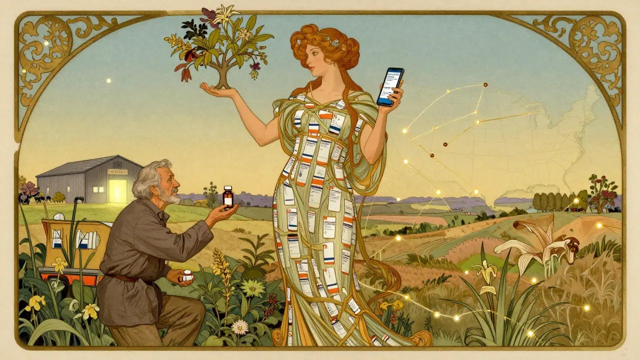 A woman made of prescription labels helps an elderly man in a rural area, with a map of connected pharmacy deserts behind her.