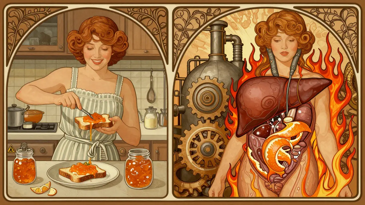 A woman spreading Seville orange marmalade on toast while hidden inside her body, gears jam with citrus rinds.