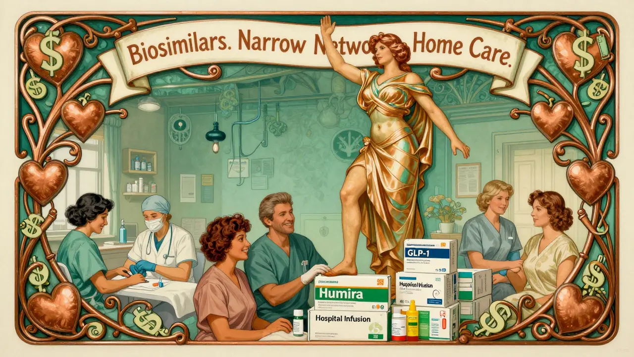 A woman standing triumphantly over expensive drug boxes, promoting biosimilars and home care, in Art Nouveau advertising style.