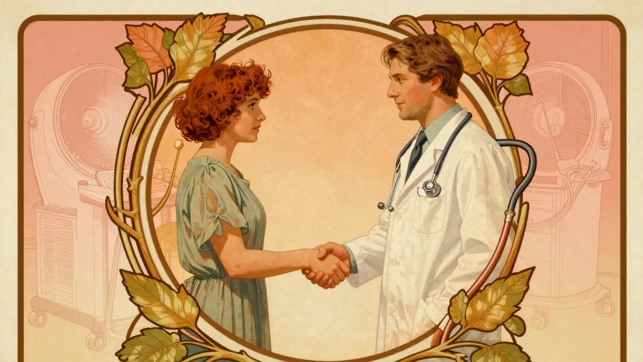 Art Nouveau drawing of a doctor and patient collaborating on a shared health decision plan