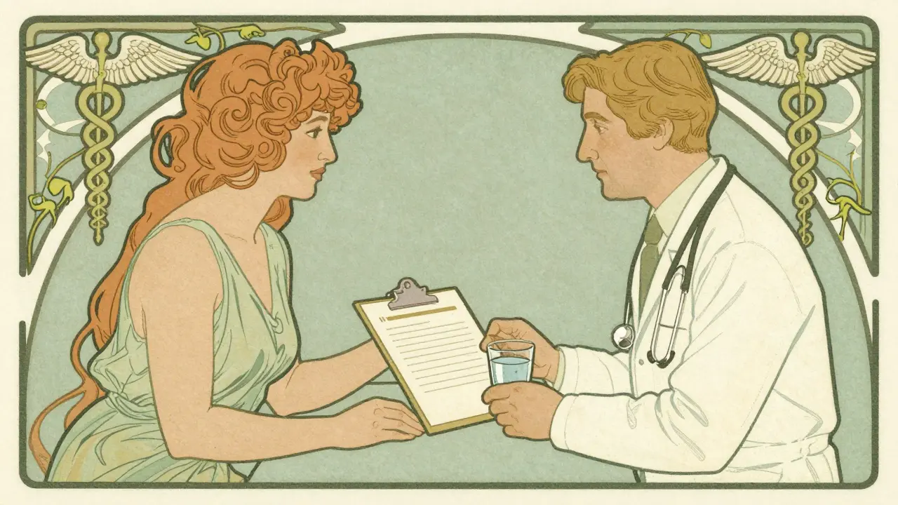 Artistic rendering of doctor and patient consulting with medical symbols.