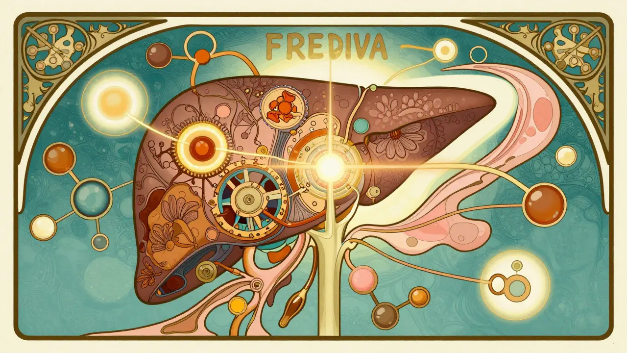 Stylized artistic depiction of liver metabolism and molecular structures.