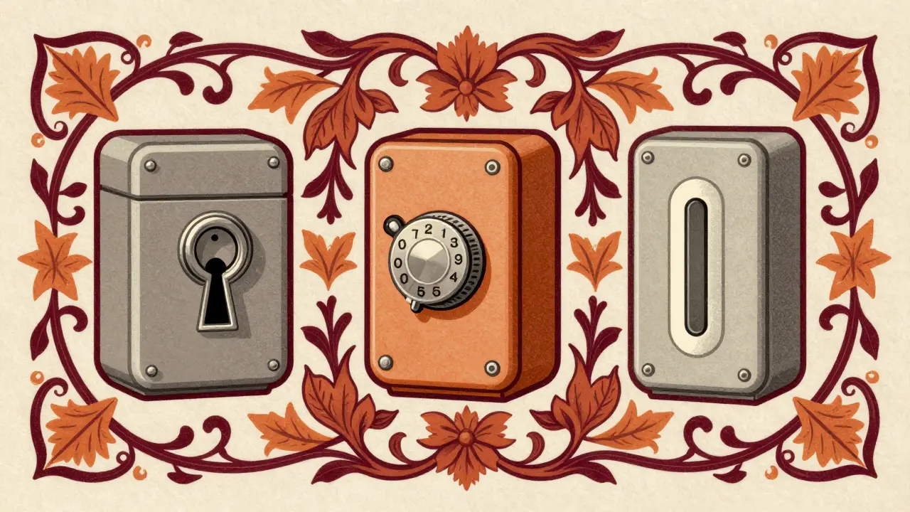 Three types of medication lockboxes with keys, dials, and touch sensors.