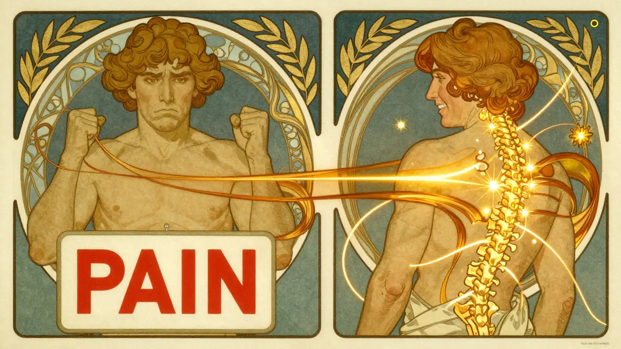 Two figures contrast pain and relief, with golden endorphin sparks and low-frequency TENS waves in Art Nouveau style.