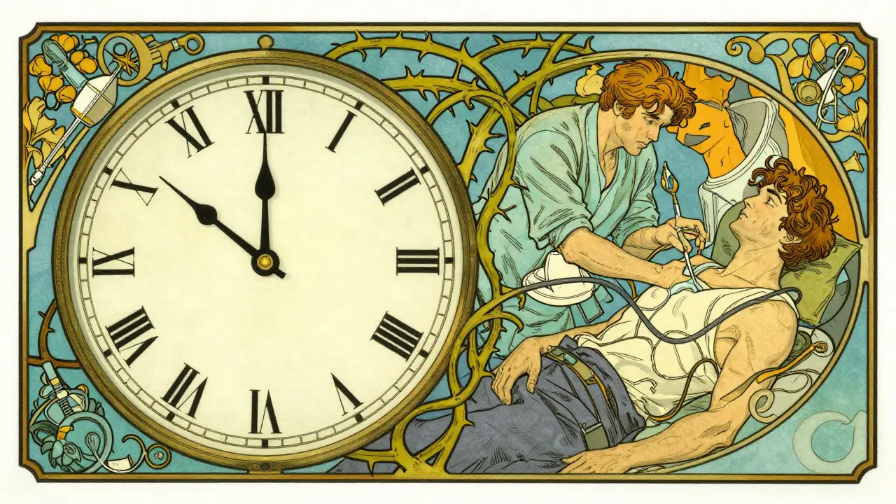 Vintage illustration showing a balance scale weighing prostate treatment risks and health outcomes