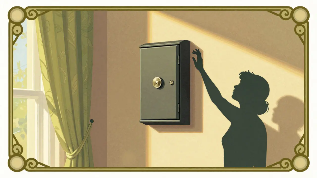 Wall-mounted safe box in home reached by an adult hand, illustrated.