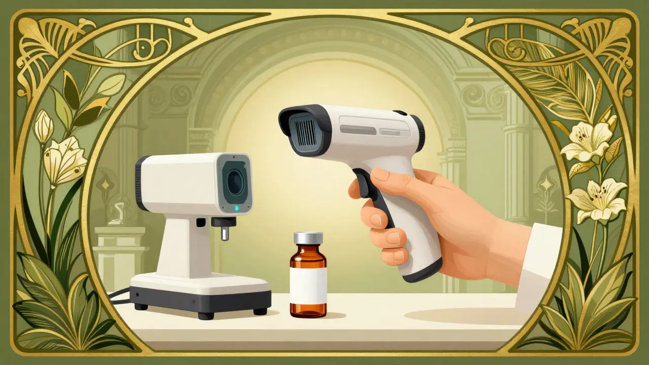 A barcode scanner being used on a medication vial framed by Art Nouveau botanical motifs