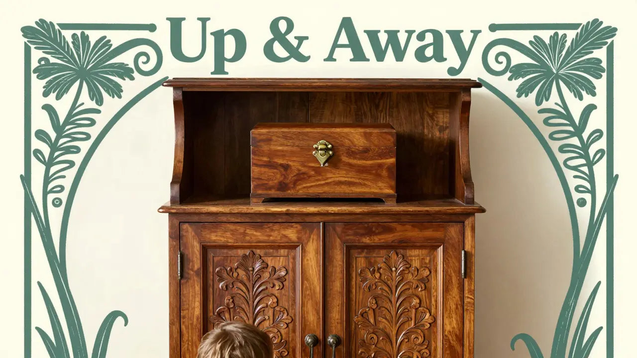 A locked medicine box stored on a high, ornate kitchen shelf in Art Nouveau style