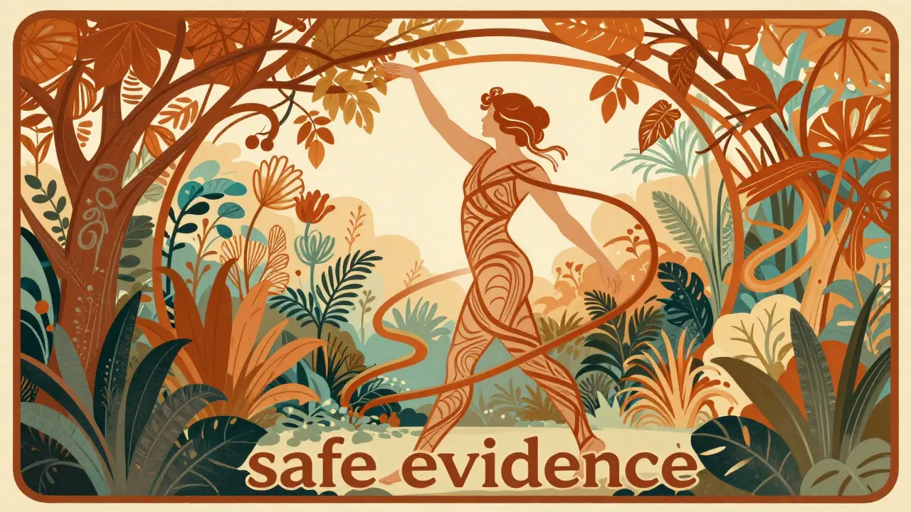 A person stretching and moving freely in a decorative Art Nouveau garden