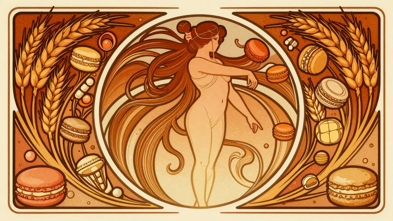 A stylized person surrounded by decorative sweets and wheat in Art Nouveau style.
