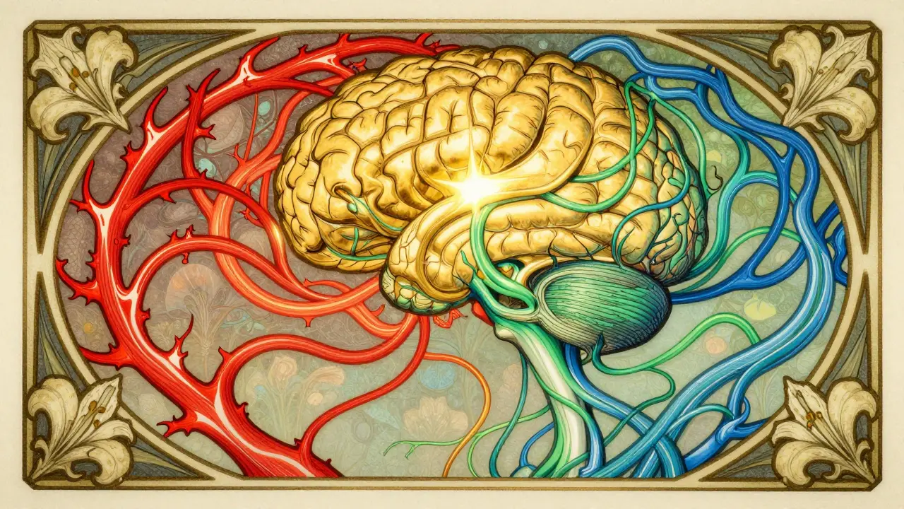 An Art Nouveau conceptual illustration of a brain transitioning from pain to healing