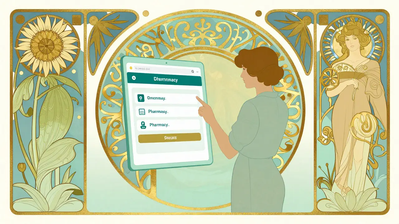 Art Nouveau style depiction of a person using a decorative digital pharmacy interface