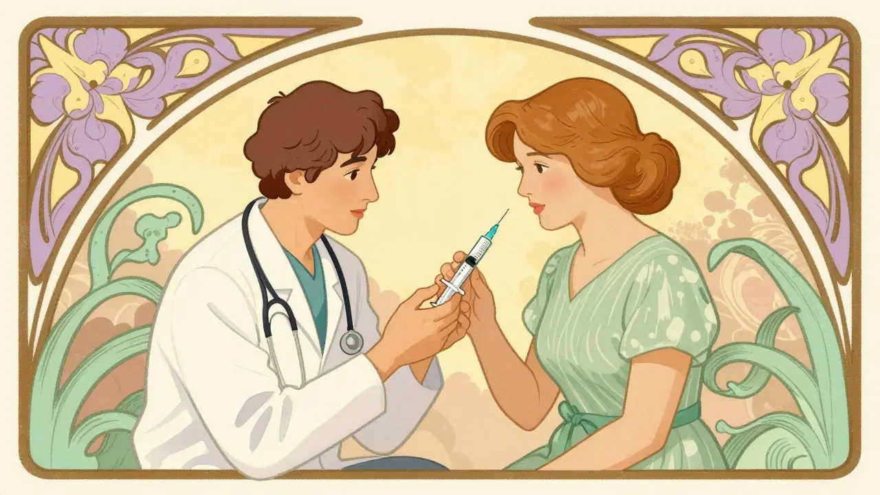 Clinician showing a parent how to use an oral syringe in an elegant Art Nouveau style