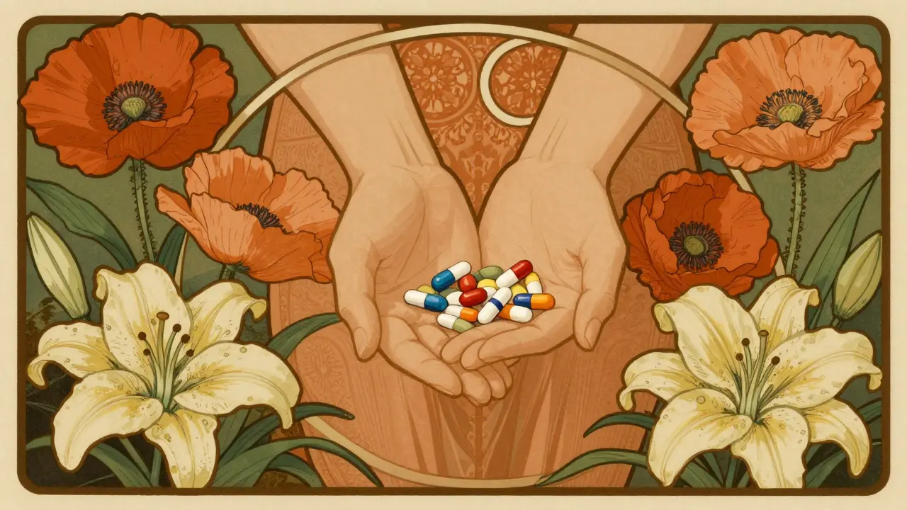 Hands holding generic medications surrounded by an ornate Art Nouveau floral border.
