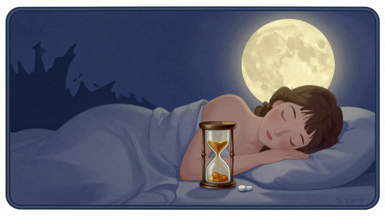 Peaceful sleeping figure next to small timer indicating rest duration.