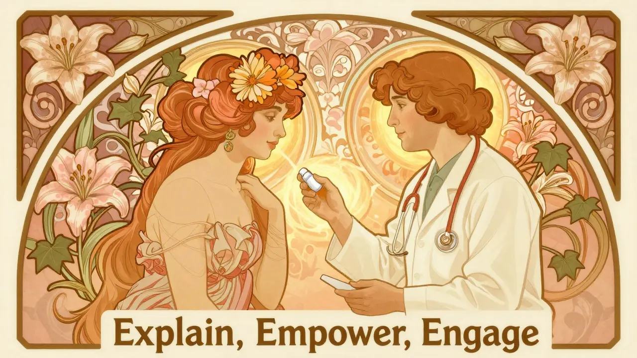 Provider and patient in a trust-filled consultation surrounded by Art Nouveau lilies
