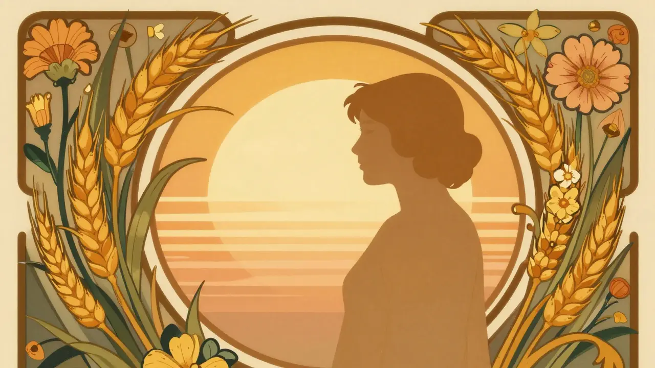 Stylized Art Nouveau illustration of a peaceful person surrounded by golden flowers and a sunrise