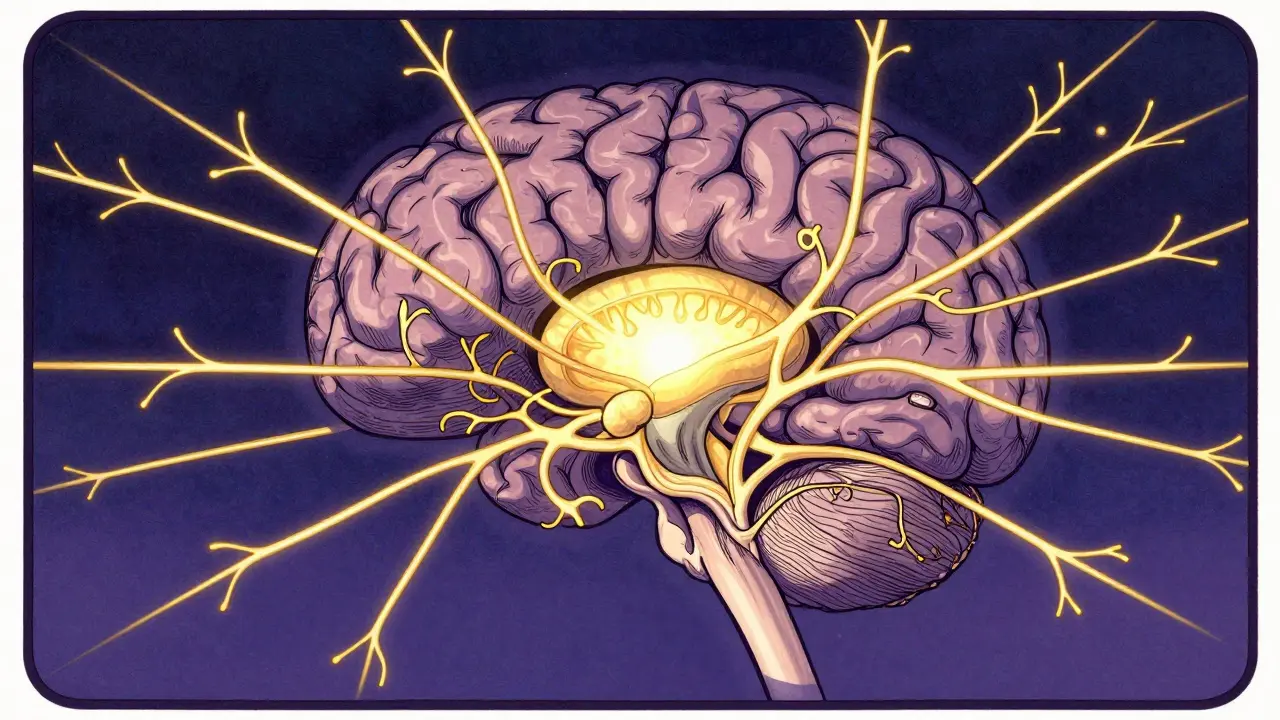 Stylized glowing pineal gland connected by neural vine pathways.