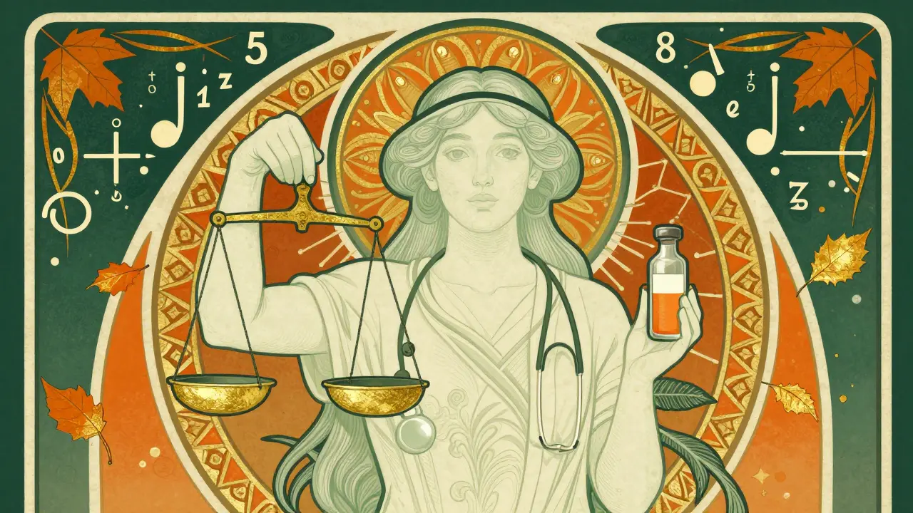 Stylized illustration of a medical professional with scales and medication vials
