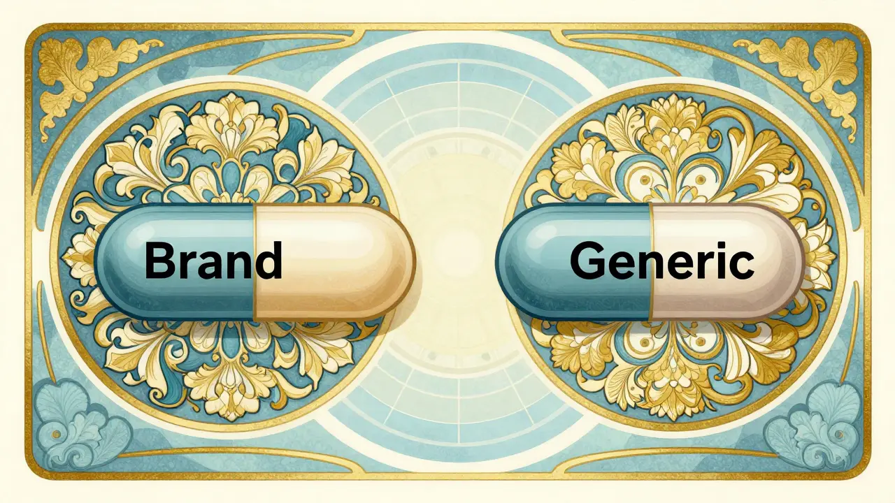 Two identical drug capsules mirrored in a symmetrical Art Nouveau scientific composition.