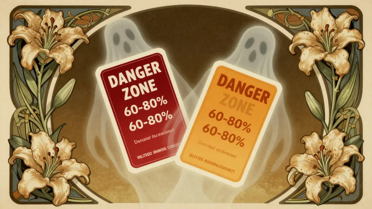 Two overlapping prescription labels within a decorative floral frame showing similar drug names